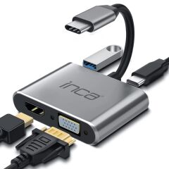 INCA ITPC-06T USB C 4'ü 1 Arada Adaptör USB C – HDMI+VGA+USB Güç Dağıtım Adaptörü