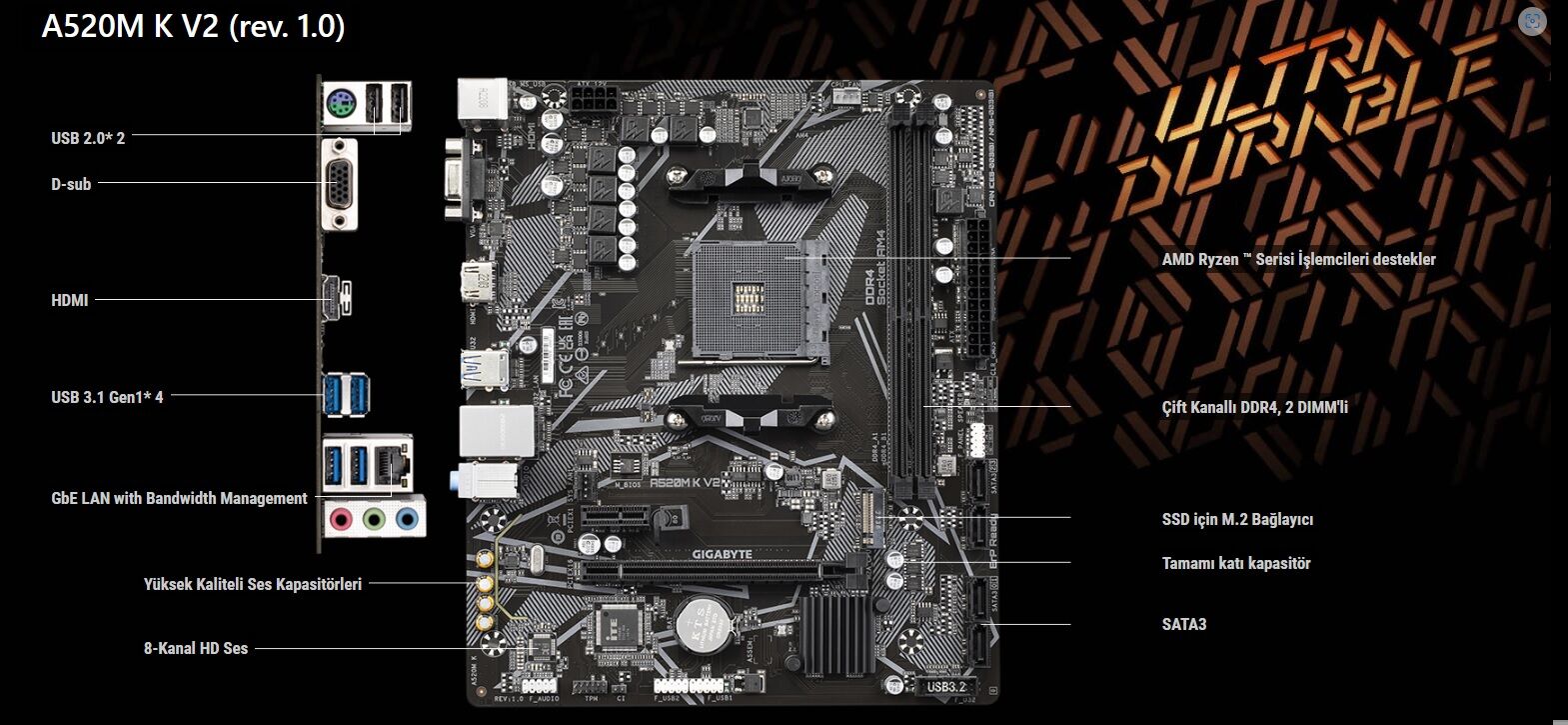 GIGABYTE A520M K V2 1.0 A520 DDR4 Vga GLan mATX HDMI M2 USB3.1 AM4 AMD Anakart