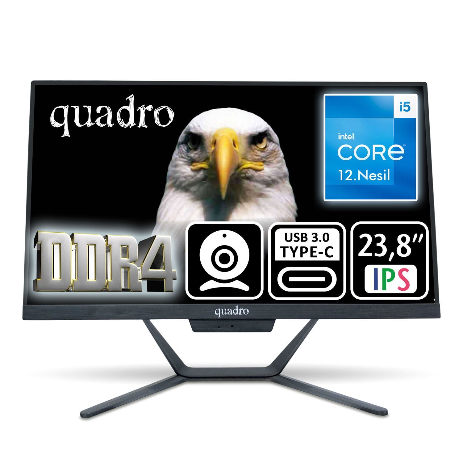 QUADRO STARK A224 25166 i5-12500 16GB 500GB SSD 23.8'' Siyah DOS All in One PC Type-c