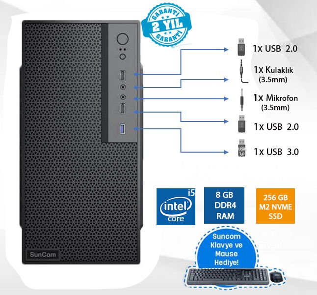 SUNCOM Force SC3-168 i5-12400 8GB 256GB SSD O/B DOS Masaüstü PC Wi-Fi