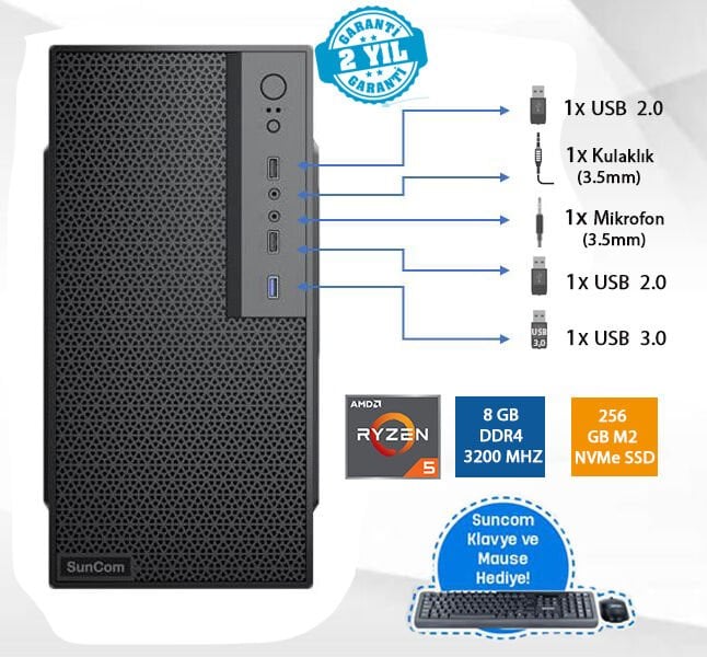 SUNCOM Force SC3-173 Ryzen 5 PRO 4650G 8GB 256GB SSD O/B DOS Masaüstü PC Wi-Fi