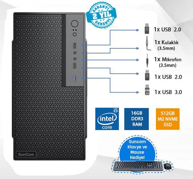 SUNCOM Force SC3-108 i5-4460 16GB 500GB SSD O/B DOS Masaüstü PC Wi-Fi