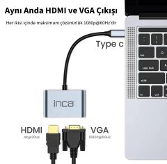 INCA ITPC-06T USB C 4'ü 1 Arada Adaptör USB C – HDMI+VGA+USB Güç Dağıtım Adaptörü