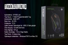 INCA IMG-343 USB 6400dpi siyah RGB Optik Oyuncu Mouse
