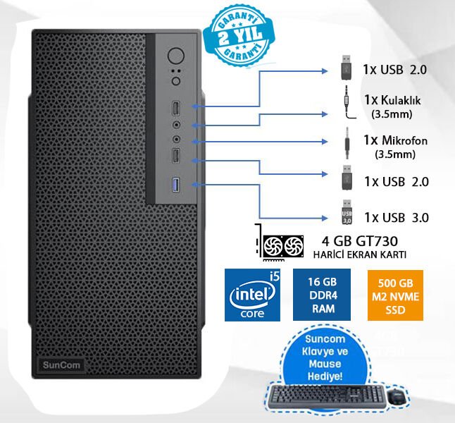 SUNCOM Force SC3-166 i5-6500 16GB 500GB SSD 4gb GT730 DOS Masaüstü PC Wi-Fi