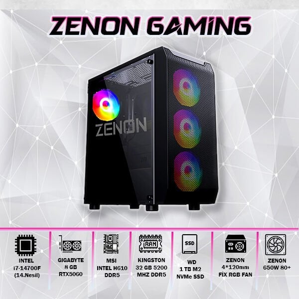 ZENON Gaming ZG-150 i7-14700F 32GB 1TB SSD 8gb RTX5060 DOS Masaüstü Oyun Bilgisayarı (3 Yıl Garanti)