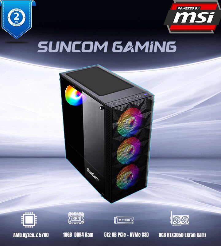 SUNCOM Gaming SG1-155 Ryzen 7 5700 16GB 512GB SSD 8gb RTX3050 DOS Masaüstü Oyun Bilgisayarı